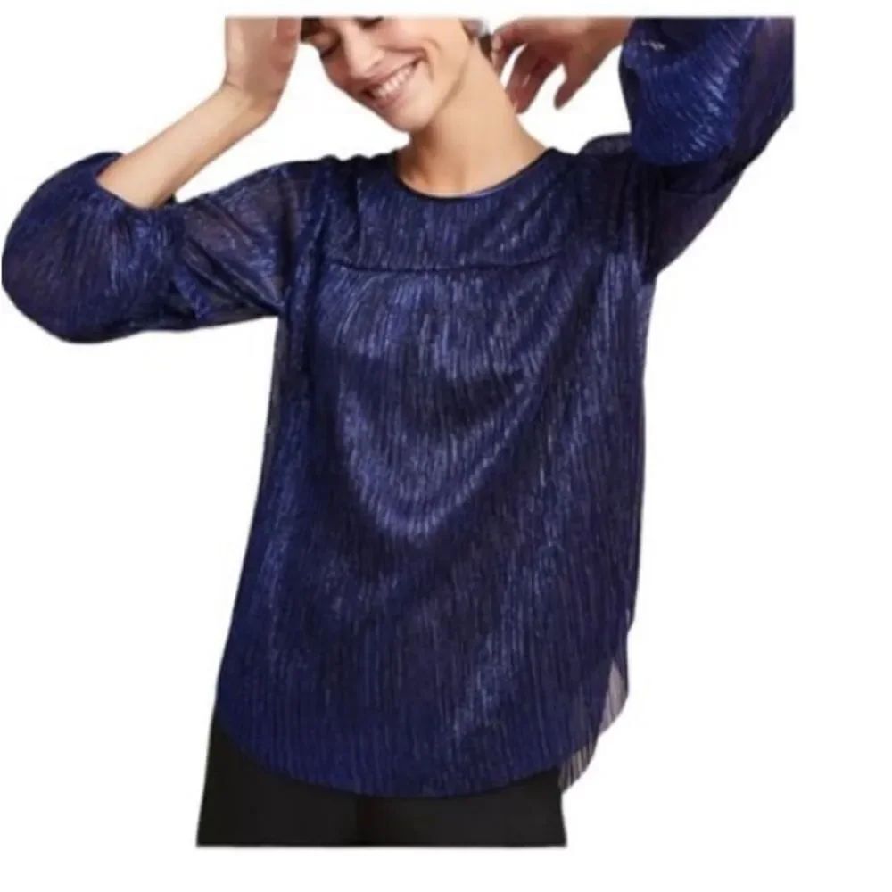 Anthropologie Moulinette Soeurs Pleated Blouse Metallic Blue Women’s Size Medium